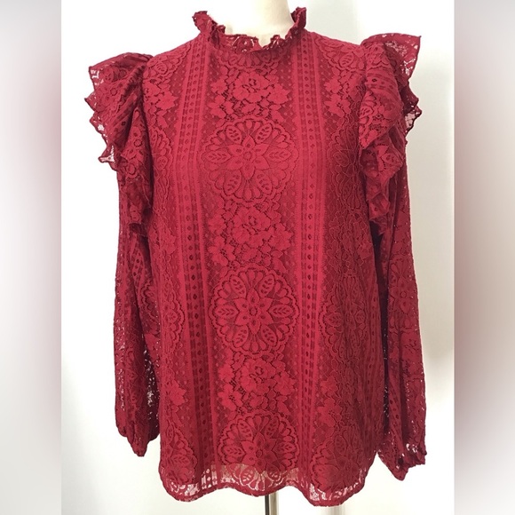 Entro Cranberry Salsa Lace Blouse Long Sleeve Ruffle Details Size Small … - Picture 2 of 10